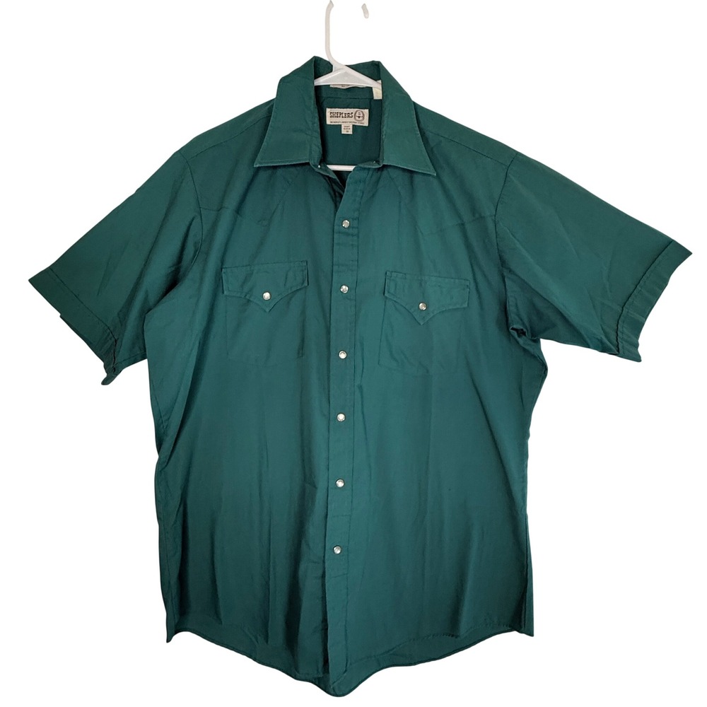 Sheplers Western Shirt Mens 16 Teal Green Excellent Pearl Snap Short Sleeve